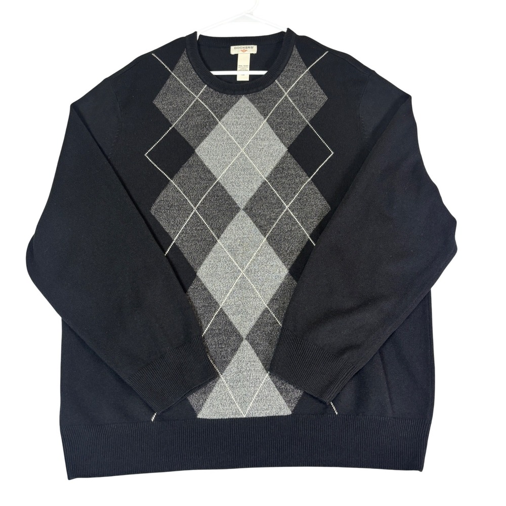 Dockers Mens XXL Argyle Crewneck Sweater Black Grey Acrylic Knit Pullover
